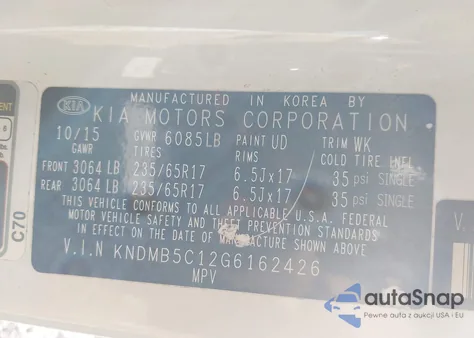 2016 Kia Sedona Lx z USA, uszkodzony, nr VIN KNDMB5C12G6162426